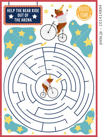 Circus maze for kids with bear on bicycle. Amusement show preschool printable activity with cute animal performer on bike. Entertainment festival labyrinth game or puzzle Circus maze for kids with bear on bicycle. Amusement show preschool printable activity with cute animal performer on bike. Entertainment festival labyrinth game or puzzle 101414894