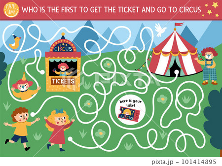 Circus maze for kids with boy, girl, ticket. Amusement show preschool printable activity with clown, marquee. Entertainment festival labyrinth game or puzzle. Who is the first to get ticket Circus maze for kids with boy, girl, ticket. Amusement show preschool printable activity with clown, marquee. Entertainment festival labyrinth game or puzzle. Who is the first to get ticket 101414895