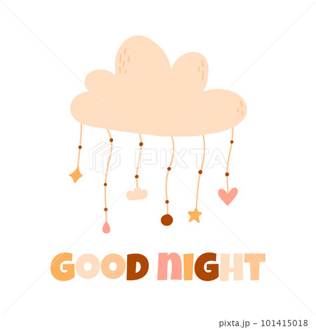 Childrens card, poster, postcard good night. Boho style. Vector illustration. Cloud with pendants. 101415018