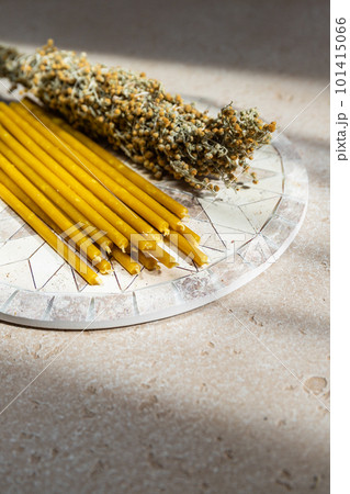 Natural yellow wax thin candles with sagebrush incense stick for rituals  101415066