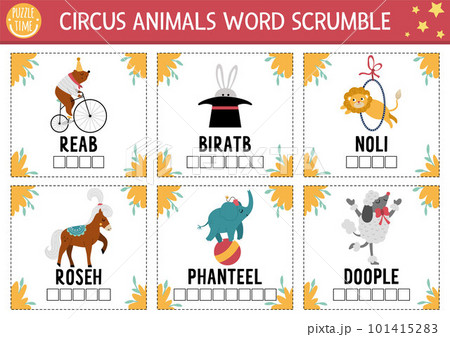 Vector circus word scramble square cards. English language game with bear, horse, rabbit for kids. Amusement holiday family quiz with funny animal performers. Printable activity page. Vector circus word scramble square cards. English language game with bear, horse, rabbit for kids. Amusement holiday family quiz with funny animal performers. Printable activity page. 101415283