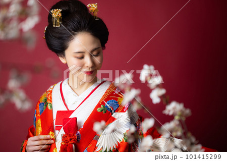 赤い振袖の女性　新日本髪アレンジ 101415299