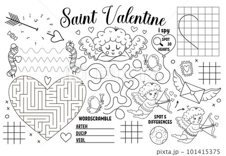 Vector Saint Valentine placemat for kids. Love holiday printable activity mat with maze, tic tac toe charts, connect the dots, find difference. Black and white play mat or coloring page 101415375