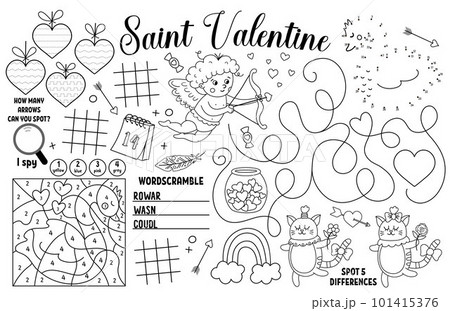 Vector Saint Valentine placemat for kids. Love holiday printable activity mat with maze, tic tac toe charts, connect the dots, find difference. Black and white play mat or coloring page Vector Saint Valentine placemat for kids. Love holiday printable activity mat with maze, tic tac toe charts, connect the dots, find difference. Black and white play mat or coloring page 101415376