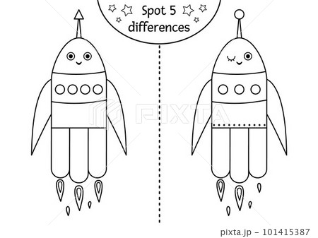 Space black and white find differences game for children. Astronomy educational activity with funny space ship. Printable worksheet with rocket. Cute coloring page with space technic 101415387