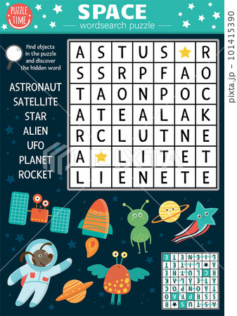 Vector space wordsearch puzzle for kids. Simple astronomy crossword for children. Activity with UFO, astronaut, star, planet, rocket, alien, satellite. Solar system cross word Vector space wordsearch puzzle for kids. Simple astronomy crossword for children. Activity with UFO, astronaut, star, planet, rocket, alien, satellite. Solar system cross word 101415390