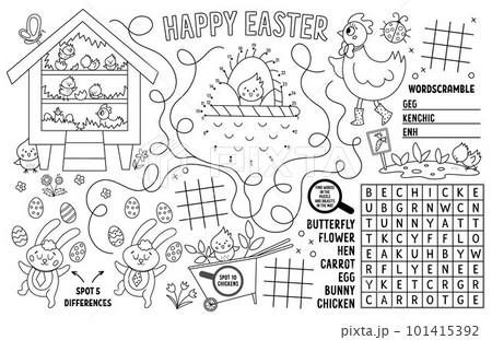 Vector Easter placemat for kids. Spring holiday printable activity mat with maze, tic tac toe charts, connect the dots, find difference. Black and white play mat or coloring page 101415392