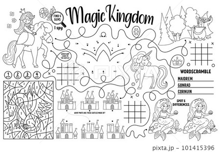 Vector Magic kingdom placemat for kids. Fairytale printable activity mat with maze, tic tac toe charts, connect the dots, find difference. Black and white play mat or coloring page Vector Magic kingdom placemat for kids. Fairytale printable activity mat with maze, tic tac toe charts, connect the dots, find difference. Black and white play mat or coloring page 101415396