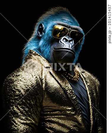 Stylish gorilla in sunglasses and a golden jacket on a black background Stylish gorilla in sunglasses and a golden jacket on a black background 101415437
