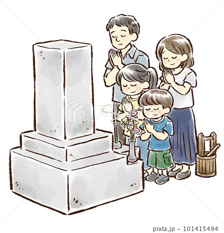 お墓の前で手を合わせる4人家族の手描きイラスト　お盆　お墓参り 101415494