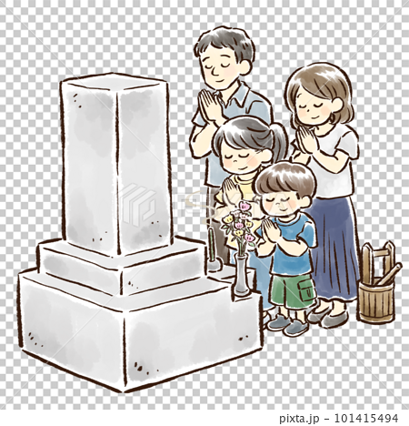 お墓の前で手を合わせる4人家族の手描きイラスト　お盆　お墓参り 101415494