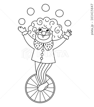 Vector clown line icon. Black and white circus artist clipart. Amusement holiday man on a wheel juggling balls. Cute funny festival character coloring page. Street show comedian juggler illustration Vector clown line icon. Black and white circus artist clipart. Amusement holiday man on a wheel juggling balls. Cute funny festival character coloring page. Street show comedian juggler illustration 101415647