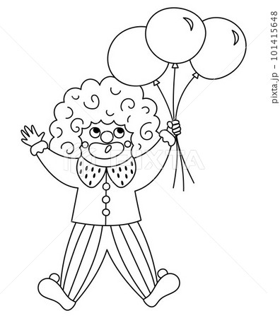 Vector clown line icon. Black and white circus artist clipart. Amusement holiday man flying on bunch of balloons. Cute funny festival character coloring page. Street show comedian illustration 101415648