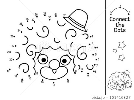 Vector dot-to-dot and color activity with cute clown face. Circus connect the dots game for children with funny artist. Amusement show coloring page for kids. Printable worksheet Vector dot-to-dot and color activity with cute clown face. Circus connect the dots game for children with funny artist. Amusement show coloring page for kids. Printable worksheet 101416327