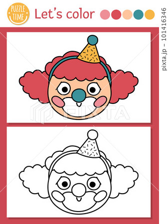 Circus coloring page for children with clown face. Vector amusement show outline illustration with cute stage performer. Color book for kids with colored example. Drawing skills printable worksheet Circus coloring page for children with clown face. Vector amusement show outline illustration with cute stage performer. Color book for kids with colored example. Drawing skills printable worksheet 101416346