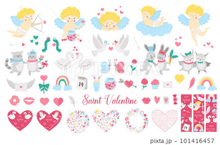 Big Saint Valentine day vector set. Cute characters, cards, designs collection. Cupid, doves, hearts, swans, animal pairs pack. Playful February holiday illustration with love concept 101416457
