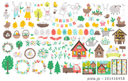 Big Easter vector set. Collection with cute bunny, colored eggs, bird, chicks, baskets, cards, bookmarks, trees. Spring funny illustration. Holiday icons pack with farm animals, house, garden plants Big Easter vector set. Collection with cute bunny, colored eggs, bird, chicks, baskets, cards, bookmarks, trees. Spring funny illustration. Holiday icons pack with farm animals, house, garden plants 101416458