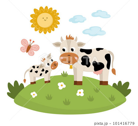 Vector cow with baby on a lawn under the sun. Cute cartoon family scene illustration for kids. Farm animals on natural background. Colorful flat mother and baby picture for children Vector cow with baby on a lawn under the sun. Cute cartoon family scene illustration for kids. Farm animals on natural background. Colorful flat mother and baby picture for children 101416779
