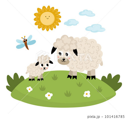 Vector sheep with baby on a lawn under the sun. Cute cartoon family scene illustration for kids. Farm animals on natural background. Colorful flat mother and baby picture for children 101416785