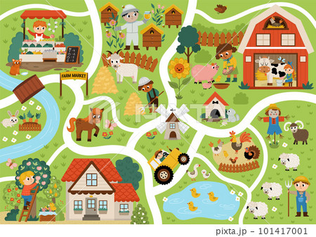 Farm village map. Country life background. Vector rural area scenes infographic elements with animals, children, barn, tractor. Countryside plan with field, pasture, apiary, cottage, garden, market Farm village map. Country life background. Vector rural area scenes infographic elements with animals, children, barn, tractor. Countryside plan with field, pasture, apiary, cottage, garden, market 101417001