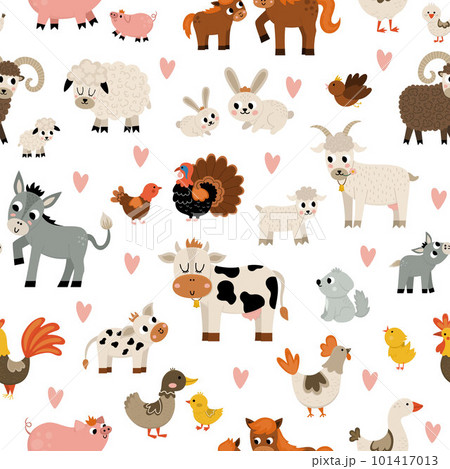 Vector seamless pattern with farm animals and birds. Repeat background with cow, horse, goat, sheep, duck, hen, pig and their kids. Cute mother and baby digital paper. Family love country texture 101417013