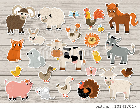 Vector farm animal and birds stickers set. Rural patches icons with cow, horse, goat, sheep, duck, hen, pig. Countryside illustration pack. Cute rural themed nature collection on wooden background 101417017