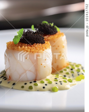 Scallop and prawn roulade with caviar and a sous vide cauliflower puree. 101417702