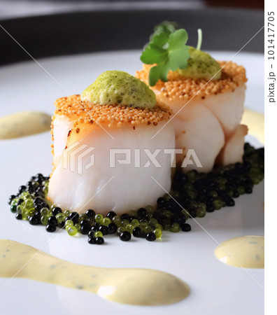 Scallop and prawn roulade with caviar and a sous vide cauliflower puree. 101417705