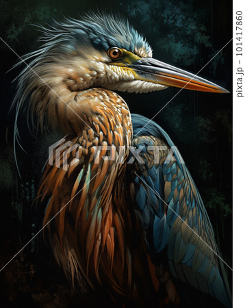 Heron bird detailed image on black background in the rain. 101417860