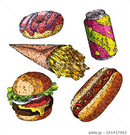 Junk food tasty doodle illustration set Colorful sketch hamburger soda ice  cream fat and sweet isolated graphic Hot coffee to go unhealthy snacks di  Stock Vector Image  Art  Alamy