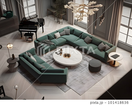living room filled with furniture and piano in green color scheme top view from an angle. 101418636