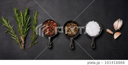 Miniature pans with spices, salt, black pepper and fragrant pepper, a sprig of rosemary on a black table. Spices for cooking Miniature pans with spices, salt, black pepper and fragrant pepper, a sprig of rosemary on a black table. Spices for cooking 101418866