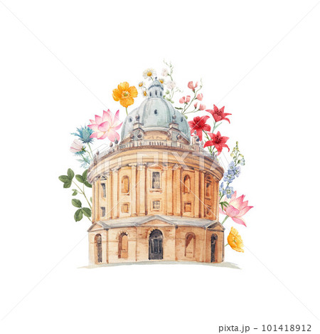 Beautiful stock illustration with hand drawn watercolor old building. Historical site Oxford Radcliffe camera. Beautiful stock illustration with hand drawn watercolor old building. Historical site Oxford Radcliffe camera. 101418912
