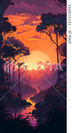 A picture of a jungle sunset over a river in orange and red colors. A picture of a jungle sunset over a river in orange and red colors. 101418993