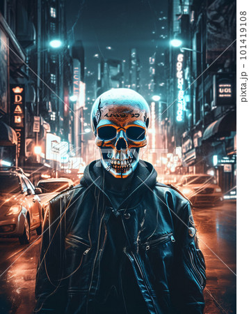A skeleton in a leather jacket and a cowboy standing on a nightly street of an illuminated city. 101419108