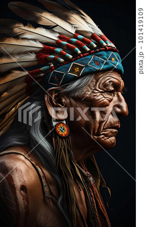 Painting of an old Indian man with feathers on his head in high detail. 101419109