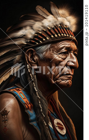 Painting of an old Indian man with feathers on his head in high detail. 101419110