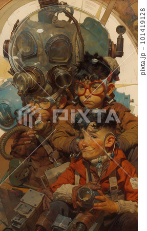 A painted picture of a group of people aviators sitting next to each other. 101419128