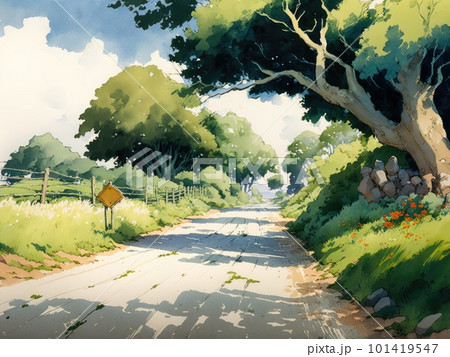 田舎道の水彩画 Generative AIのイラスト素材 [101419547] - PIXTA