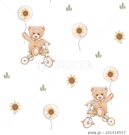 Seamless children watercolor minimalistic pattern with a cute teddy bear on the bicycle. For fabric, textile, wrapping Seamless children watercolor minimalistic pattern with a cute teddy bear on the bicycle. For fabric, textile, wrapping 101419557