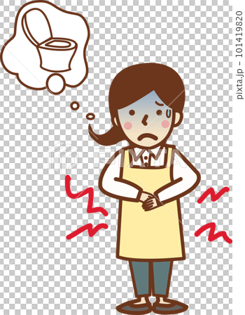 一個圍著圍裙的女人肚子疼，想上廁所。 101419820