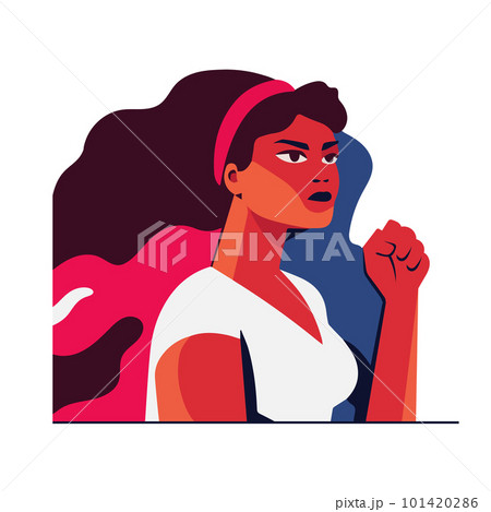 Young woman character with a raised fist. The concept feminism and women rights Young woman character with a raised fist. The concept feminism and women rights 101420286