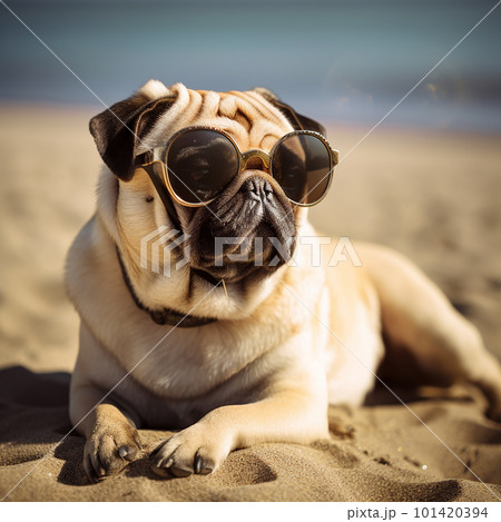 Pug breed dog in big sunglasses on the beach. Stock Illustration 101420394 PIXTA