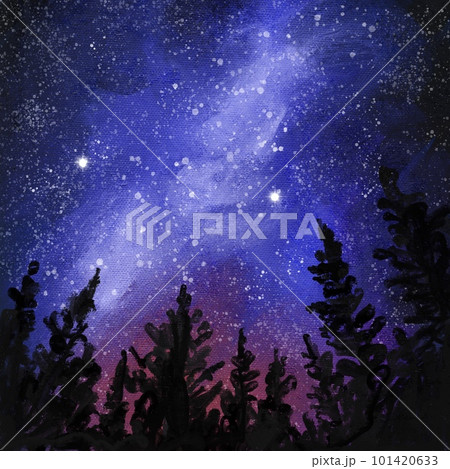 Hand drawn illustration of night stars in forest wood mountains hills, dawn woodland. Dark scene landscape, oil painting texture, sunset outdoor adventure, nature design mist fog panorama light, pine Hand drawn illustration of night stars in forest wood mountains hills, dawn woodland. Dark scene landscape, oil painting texture, sunset outdoor adventure, nature design mist fog panorama light, pine 101420633