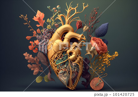 Blooming anatomical human golden heart, illustration 101420725