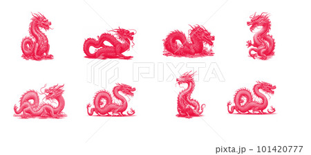Set of traditional chinese red dragon emblems on transparent background Set of traditional chinese red dragon emblems on transparent background 101420777