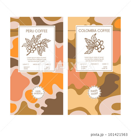 COFFEE PACK TAGS Abstract Simple Style Vintage Colorful Figures Doodle In Organic With Hand Drawn Coffee Beans Templates Packaging Design And Labels Vector Set 101421563