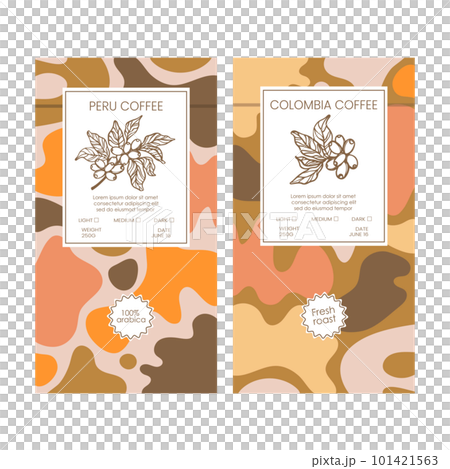 COFFEE PACK TAGS Abstract Simple Style Vintage Colorful Figures Doodle In Organic With Hand Drawn Coffee Beans Templates Packaging Design And Labels Vector Set 101421563