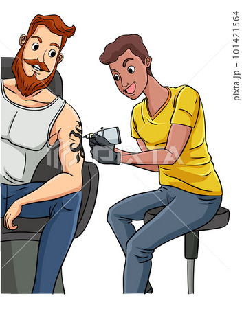 Premium Vector  Tattoo artist master in the process of work tattoo machine  arm tattoo flat sketch