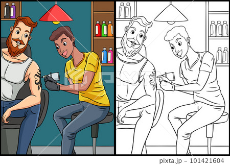 Tattoo Artist Coloring Page Colored Illustration Tattoo Artist Coloring Page Colored Illustration 101421604